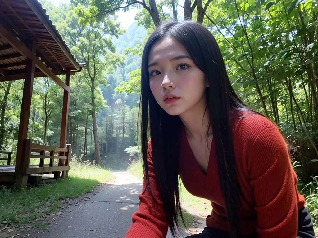 ((Demon in Rushan Province)), (Teenage girl whose mind is consumed by loneliness and vengeance), Beautiful girl, Village hachibun, (Sad and sharp eyes), Villagers wearing old demon masks point at a woman, Girlfriend, Japanese, Village not on map, (Bottomless swamp), move chart, wide shot, best quality, unique sensibility, 40s Showa era, horror cartoon, more realistic, one scene from below, from side, sideways, atmospheric perspective, best quality, unique sensibility, 1960s, horror manga, realistic, movie scene