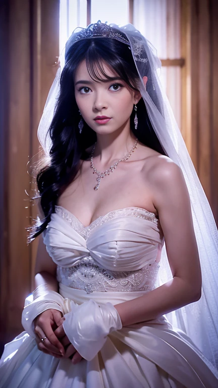 (masutepiece), Best Quality, Highest Quality, Highly detailed CG Unity 8k wallpaper, Original, High resolution, (depth of fields: 1.5), fidelity: 1.3, breasts, Bride portrait style, 1 girl, drapes, veils , Bridal Veil, sheer wedding dress, drapes, Jewelry, Solo, earrings, tusk, bride, Black_hair
