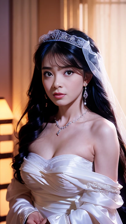 (masutepiece), Best Quality, Highest Quality, Highly detailed CG Unity 8k wallpaper, Original, High resolution, (depth of fields: 1.5), fidelity: 1.3, breasts, Bride portrait style, 1 girl, drapes, veils , Bridal Veil, sheer wedding dress, drapes, Jewelry, Solo, earrings, tusk, bride, Black_hair