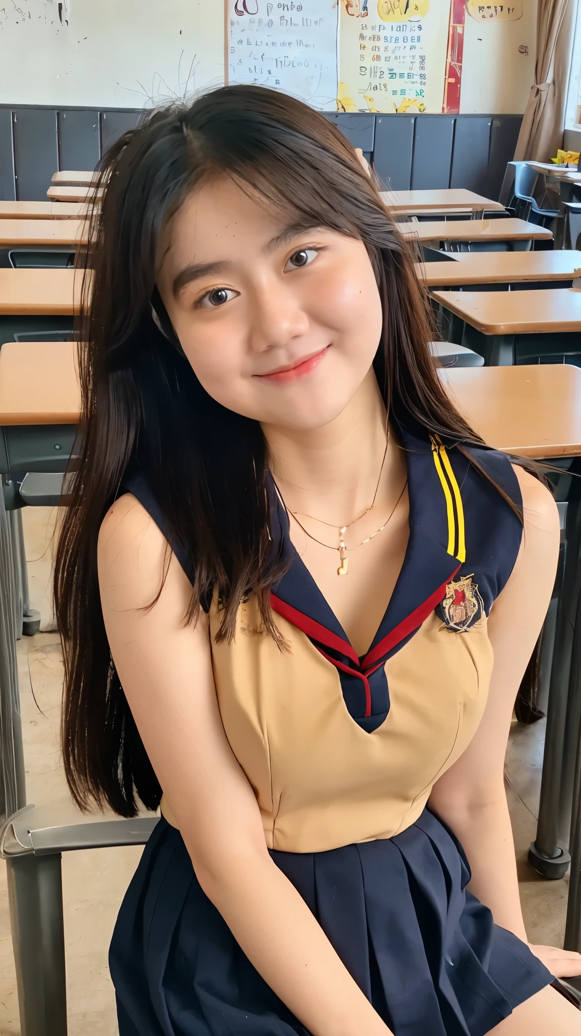 Beautiful 18 Years Old Large Breast , Cleavage , ((Wearing High School Uniform)) , High School Skirt , Kayes , Indonesian Influencer , Sit On Table In Classroom , Sleeveless , Take Selfie , ((Face Focus)) , ((Centre:1.1)), ((Symetric Picture:1.1))