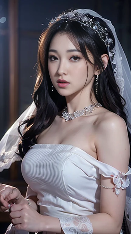 (masutepiece), Best Quality, Highest Quality, Highly detailed CG Unity 8k wallpaper, Original, High resolution, (depth of fields: 1.5), fidelity: 1.3, breasts, Bride portrait style, 1 girl, drapes, veils , Bridal Veil, sheer wedding dress, drapes, Jewelry, Solo, earrings, tusk, bride, Black_hair