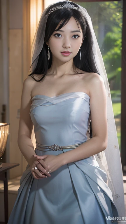 (masutepiece), Best Quality, Highest Quality, Highly detailed CG Unity 8k wallpaper, Original, High resolution, (depth of fields: 1.5), fidelity: 1.3, breasts, Bride portrait style, 1 girl, drapes, veils , Bridal Veil, sheer wedding dress, drapes, Jewelry, Solo, earrings, tusk, bride, Black_hair