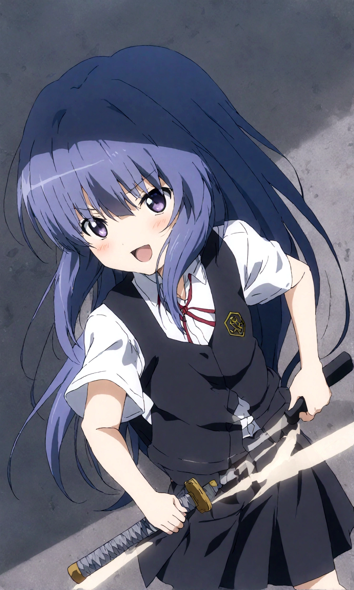 score_9,score_8, score_8_up, BREAK  ,1girl, solo, furude rika, (tween), kawaii, blue hair, purple eyes, long hair, blunt bangs, bangs,, bow, skirt, shirt, suspenders, smile, short sleeves, pleated skirt, white shirt, open mouth, :d, red bow, ,^_^, suspender skirt, , black skirt, collared shirt, blush, bowtie, blunt bangs, dress shirt,masterpiece, best quality, source_anime,ceiling, ceiling light, great lighting, detailed shadows, detailed body, anime artwork,anime style, key visual, vibrant, studio anime, highly detailed, anime coloring,,upperbody, in distance, wide shot, from side,straight-on,iaidow,weapon, katana, holding sword, ready to draw, sheathed, unsheathing, scabbard,, ,simple background, white background.Subsurface scattering,(darkness aura)