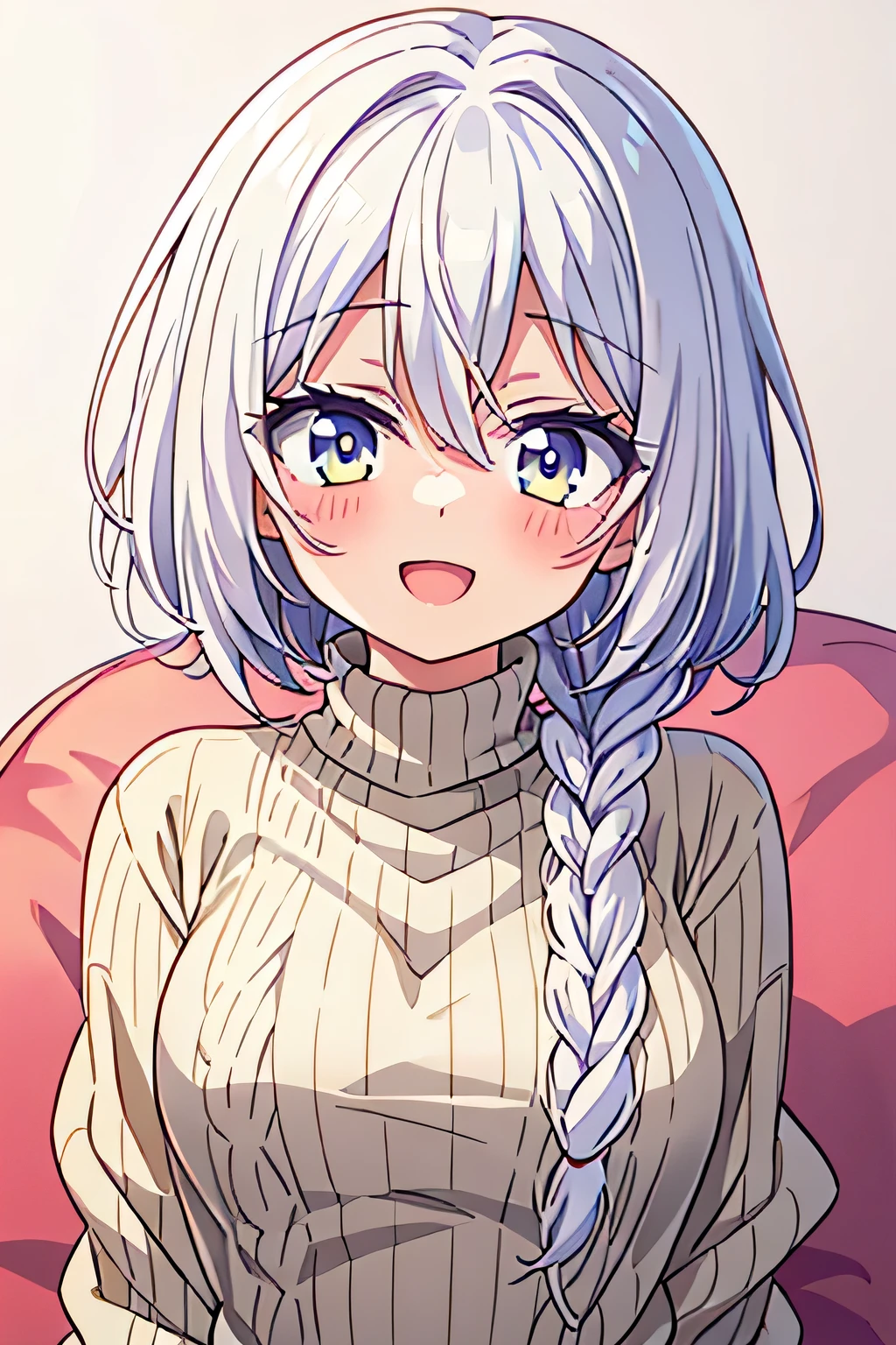 lolli, cute anime girl white hair, golden eyes, short hair, braided hair on the right side, messy hair, blushing, smile, open mouth, only wearing black sweater, wink eyes, moe anime style