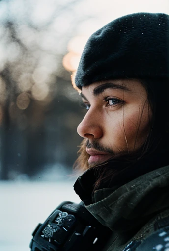 RAW Photograph, elite soldier, mercenary, mstltmrc, winter landscape, intricate details, natural lighting, masterpiece, highly detailed, 35mm photograph, kodachrome, sharp focus