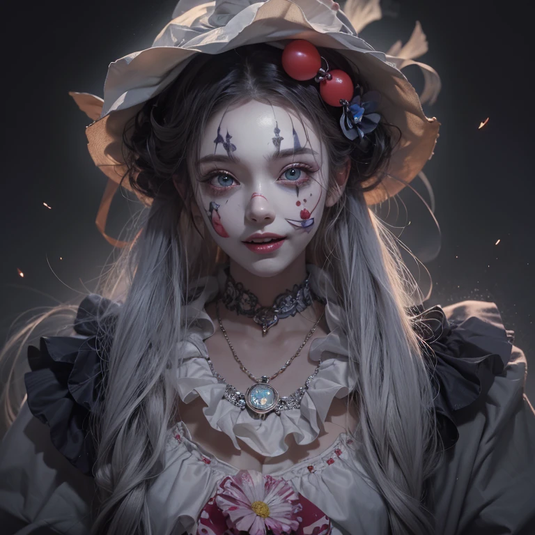Standing in the grave、Hair flow、 ((highest quality、masterpiece、8k、Best image quality、Ultra-high resolution、Award-winning works)、(Accurate anatomy:1.1)、(Look at me and smile:1.1)、Shining fair skin with Ultra-high resolution、The most detailed face、Ultra-high resolution detailed face、Ultra-high resolutionの髪の毛、(Ultra-high resolution eye:1.1)、Beautiful face drawn in every detail、Cheerful clown costume, Chest to chest, Strange atmosphere, Ghosts flow, Dark Light, At the cemetery, Heavy makeup