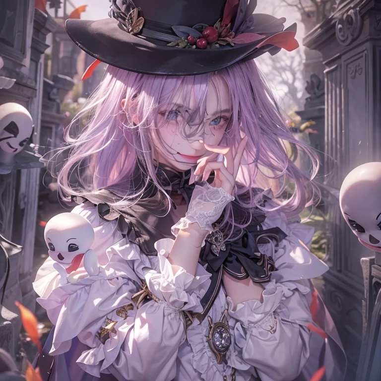 Standing in the grave、Hair flow、 ((highest quality、masterpiece、8k、Best image quality、Ultra-high resolution、Award-winning works)、(Accurate anatomy:1.1)、(Look at me and smile:1.1)、Shining fair skin with Ultra-high resolution、The most detailed face、Ultra-high resolution detailed face、Ultra-high resolutionの髪の毛、(Ultra-high resolution eye:1.1)、Beautiful face drawn in every detail、Cheerful clown costume, Chest to chest, Strange atmosphere, Ghosts flow, Dark Light, At the cemetery, Heavy makeup
