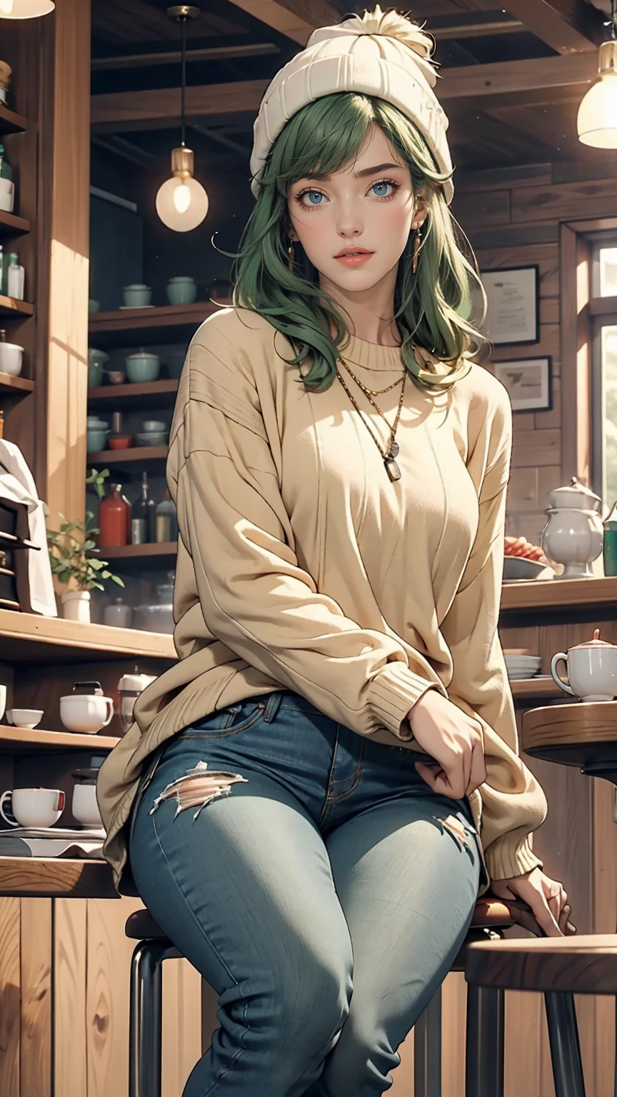 One girl, alone, coffee shop, Green Hair, Beanie, sweater, jeans, Sitting in a chair, Dynamic pose, indoor, 、Sexy proportions、Narrow waist、Long legs
