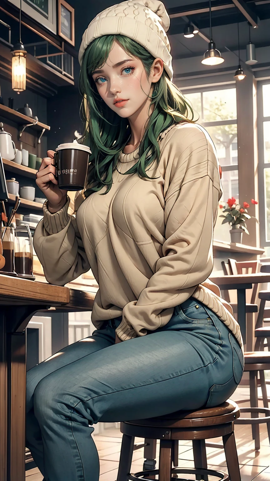 One girl, alone, coffee shop, Green Hair, Beanie, sweater, jeans, Sitting in a chair, Dynamic pose, indoor, 、Sexy proportions、Narrow waist、Long legs