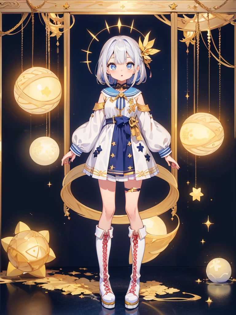 (((1girl)))、Star Fairy、vtuber-halfbody、(((highest quality、Masterpiece、The best composition、Golden Ratio、Official Art、Super detailed、Super detailedな目)))、ultra detailed, from front, headshot、 blue and white hair color、Short bangs above eyebrows、Short Hair、Standing in front of the viewer、Duffle coat、Sheepskin Long Boots、Pure white simple background、