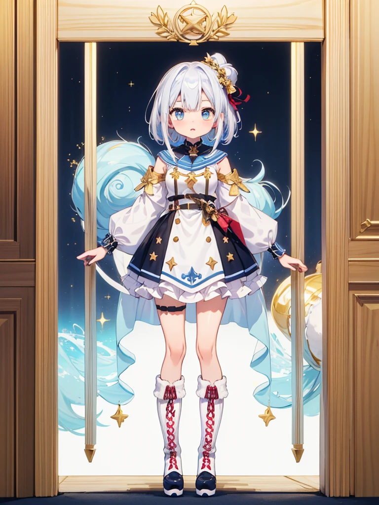 (((1girl)))、Star Fairy、vtuber-halfbody、(((highest quality、Masterpiece、The best composition、Golden Ratio、Official Art、Super detailed、Super detailedな目)))、ultra detailed, from front, headshot、 blue and white hair color、Short bangs above eyebrows、Short Hair、Standing in front of the viewer、Duffle coat、Sheepskin Long Boots、Pure white simple background、