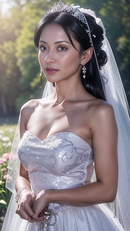 (masutepiece), Best Quality, Highest Quality, Highly detailed CG Unity 8k wallpaper, Original, High resolution, (depth of fields: 1.5), fidelity: 1.3, breasts, Bride portrait style, 1 girl, drapes, veils , Bridal Veil, sheer wedding dress, drapes, Jewelry, Solo, earrings, tusk, bride, Black_hair