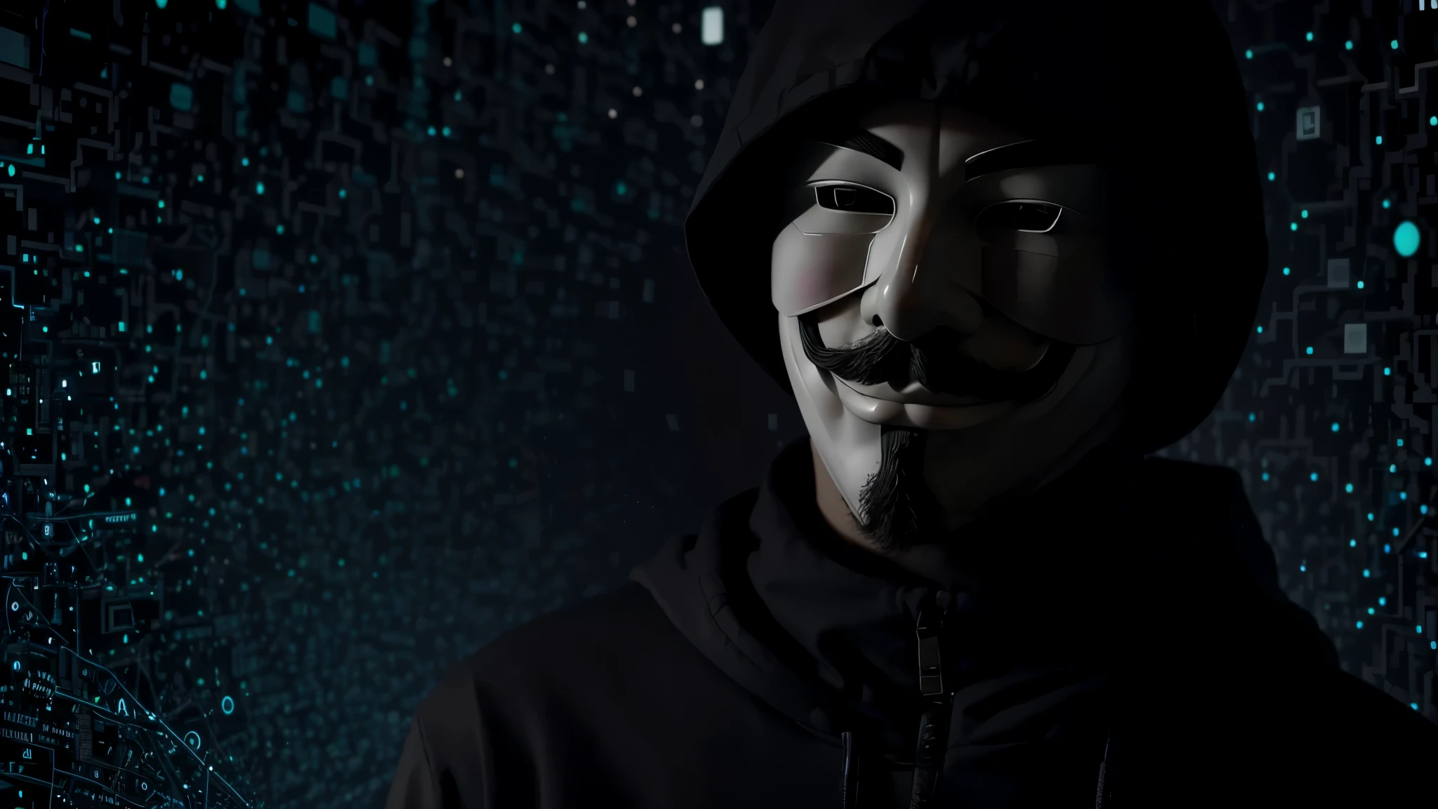 Anonymous hacker, surrounded by a network of glowing data.