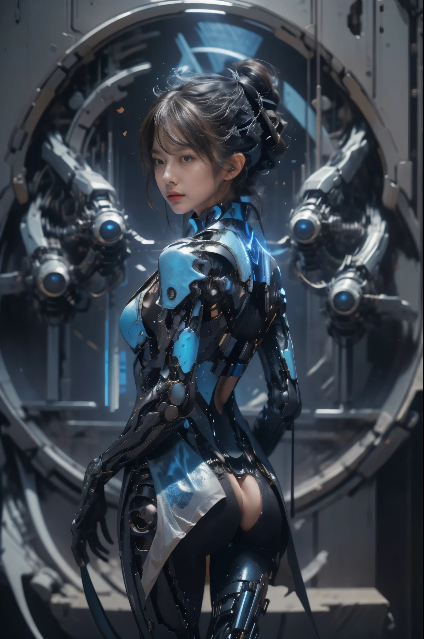 a korean girl，pretty face，Cold eyes，Upper body，Front view，looking at the audience，tarot cards，Futuristic sci-fi style，from behind,Blue mech