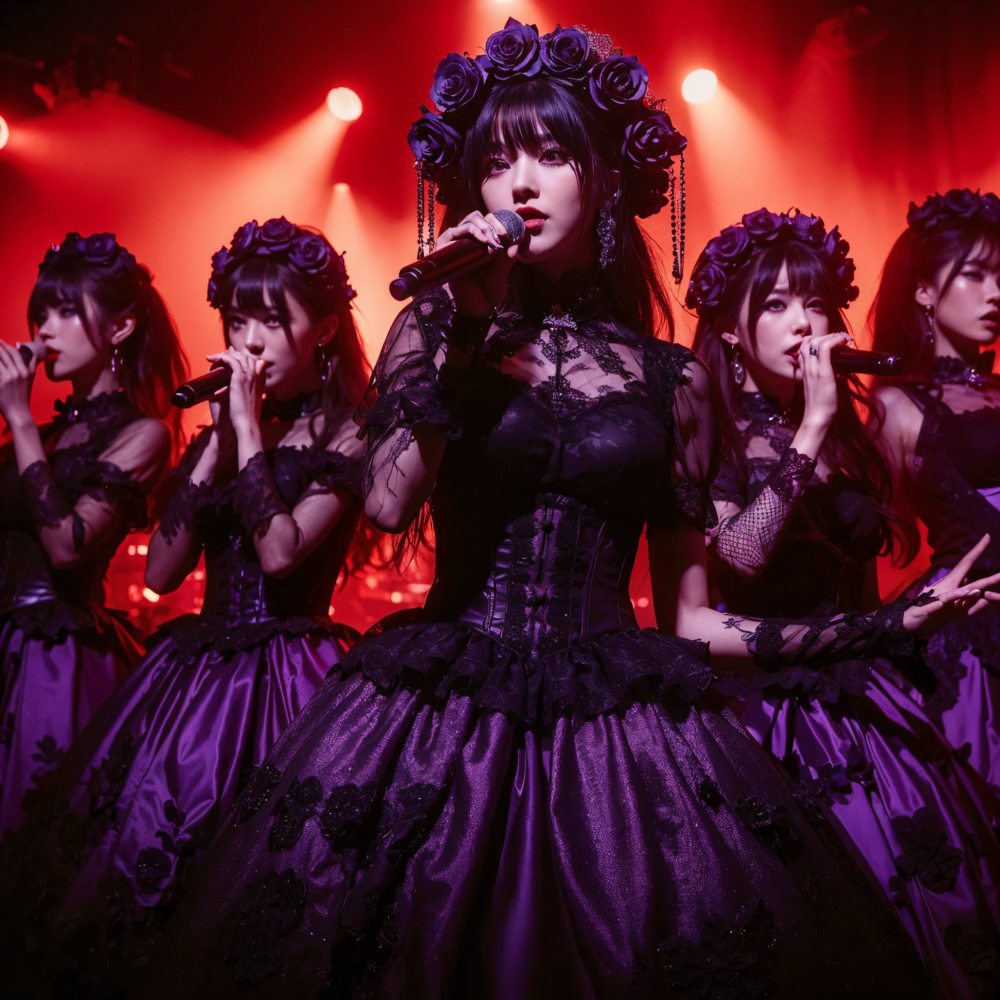 ((very sharp photo result & detailed face)) (((textile shading))) (((Best Quality))), (((masterpiece))) (((hyper realistic photo)) red-blue light mood, full band of japanese glam gothic style are on the stage, they wear black rose crown, red glow eyes, attractive sing play music on stage, they are wearing purple gowns black lace, net stockings & boots, at dark stage with red smoke on a night concert, dark dramatic spotlight lamp on them, taken with hasselblad camera. HDR10 8