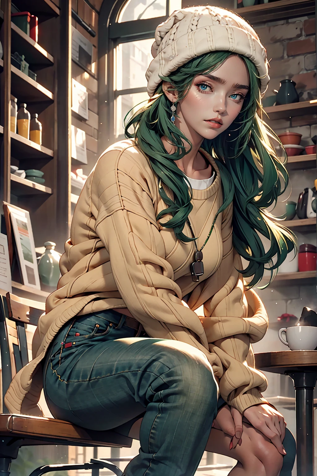 One girl, alone, coffee shop, Green Hair, Beanie, sweater, jeans, Sitting in a chair, Dynamic pose, indoor, 、Sexy proportions、Narrow waist、Long legs