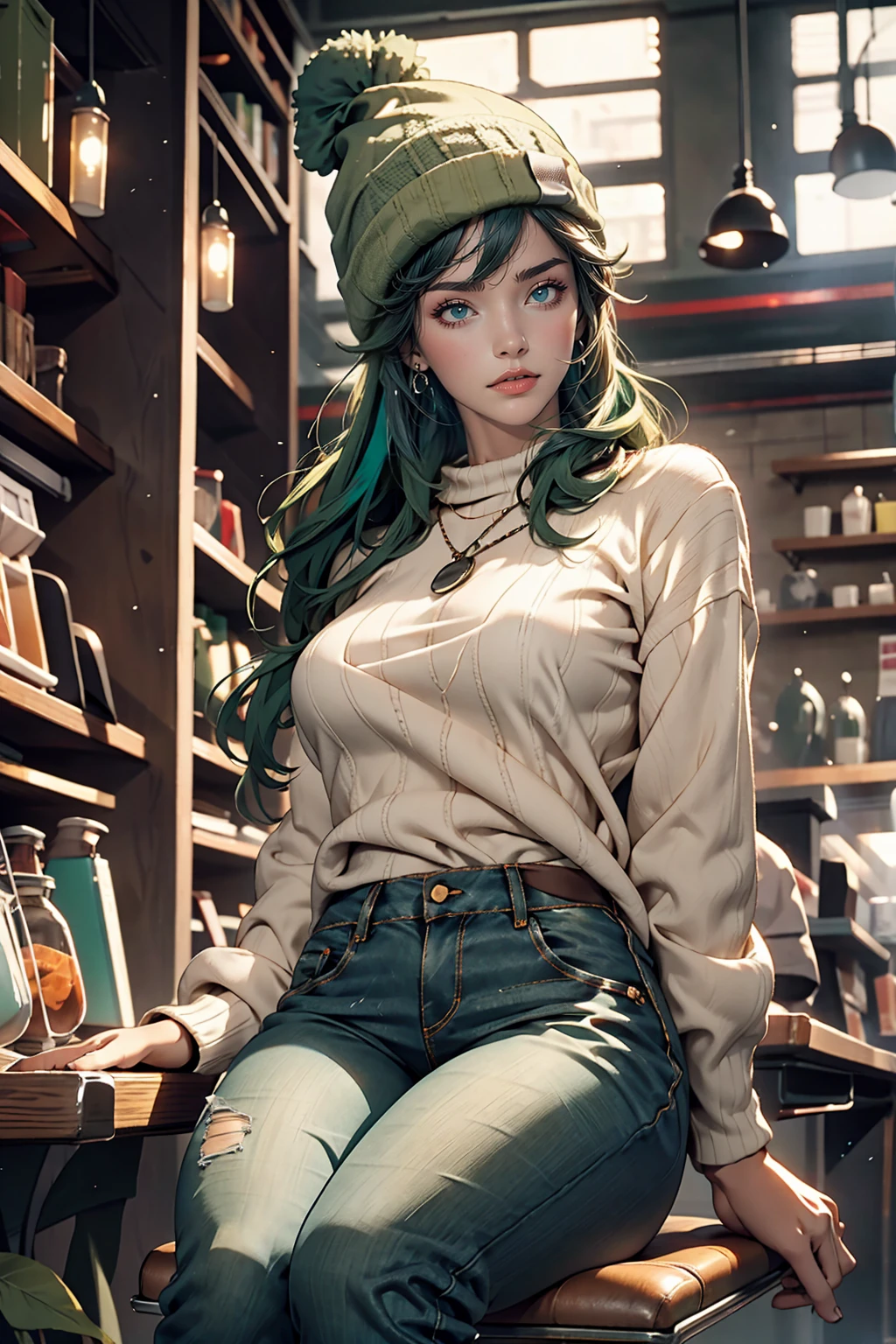 One girl, alone, coffee shop, Green Hair, Beanie, sweater, jeans, Sitting in a chair, Dynamic pose, indoor, 、Sexy proportions、Narrow waist、Long legs