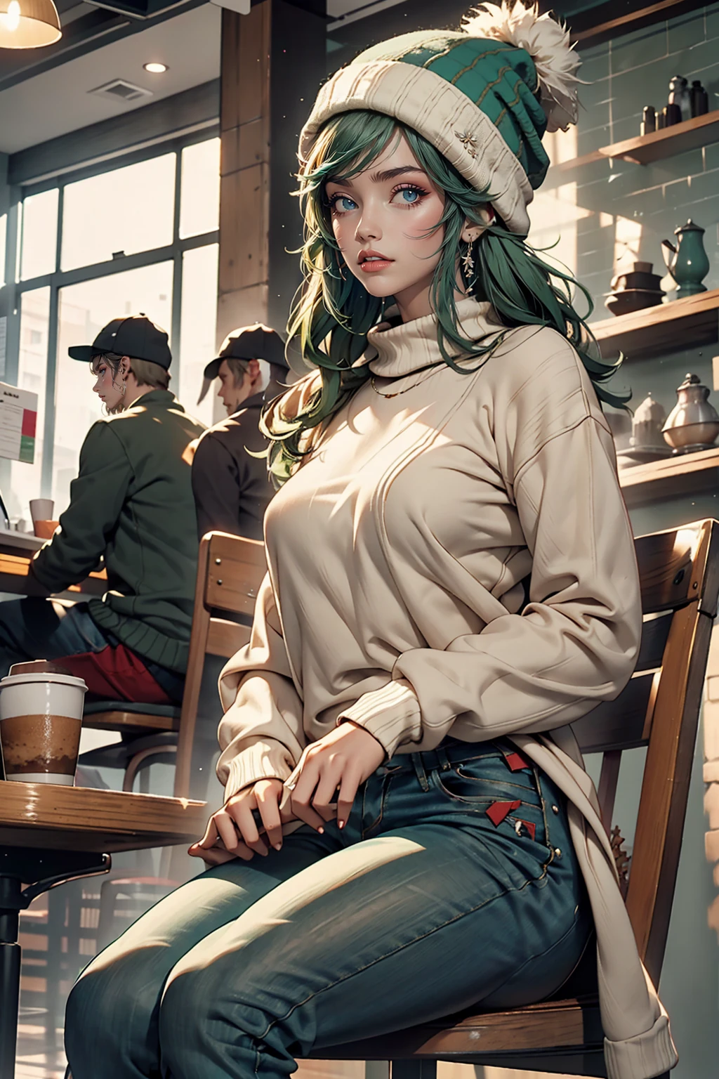 One girl, alone, coffee shop, Green Hair, Beanie, sweater, jeans, Sitting in a chair, Dynamic pose, indoor, 、Sexy proportions、Narrow waist、Long legs