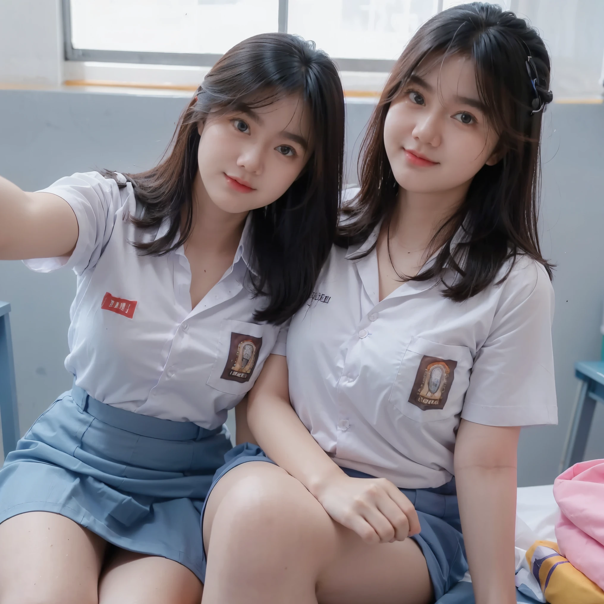 Masterpiece , Adorable , Best Quality , Beautiful 18 Years Old , Large Colossal Breast , Cleavage , (White High School Uniform) , (Blue High School Skirt) , Kayes , Sit On Table In Classroom , Take Selfie , ((Face Focus)) , Extreme Detailed , EF 24-70mm f/2.8L II USM Lens , Front Facing