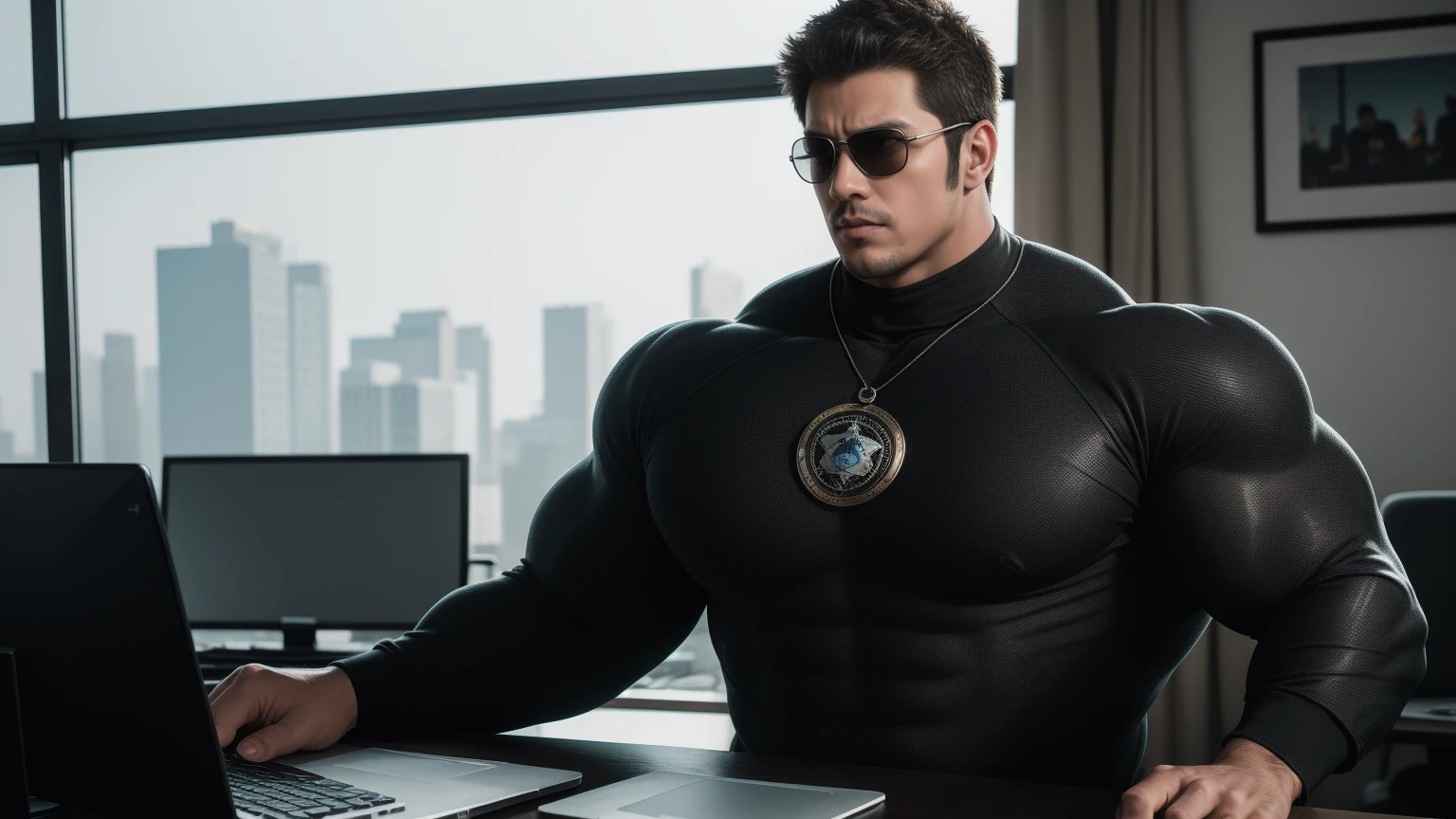 1 super muscular man,  He wears sunglasses，The texture of the brown denim fabric of the tights，Sitting in the office，Working on a laptop with a focused look，He wears sunglasses，Buzz Cut，In a luxurious office, Wear a long-sleeved brown turtleneck tights, Denim fabric texture，Thickened warm elastic texture，Clothes are very dirty with mud stains，The expression is arrogant, Thick thighs, Messy hair, High collar long sleeve coffee color high collar tights, very tight, Regular symmetrical pattern, Highlight muscles, Police uniform pants, character concept（Resident Evil - Chris Redfield, Chris Redfield）A proud expression, Deep and charming eyes, Heroic male pose, tall Burly, muscular！muscular thighs, tough guy, perfect facial features, High, Burly, Heqiang, Super polished and cool, High Resolution Committee, Charismatic, Sunlight through the window, shine on body