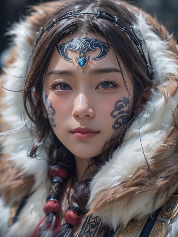 Hiding in the snowy mountains、Hair flow、 ((highest quality、masterpiece、8k、Best image quality、Ultra-high resolution、Award-winning works)、(Accurate ???????:1.1)、(Look at me and smile:1.1)、Shining fair skin with Ultra-high resolution、The most detailed face、Ultra-high resolution detailed face、Ultra-high resolutionの髪の毛、(Ultra-high resolutionの煌めく瞳:1.1)、Beautiful face drawn in every detail、(Blurred Background:1.1)、Ancient Inuit clothing, Chest to chest, tattoo, Old ruins in the background、he'big, You have a real hawk on your shoulder..