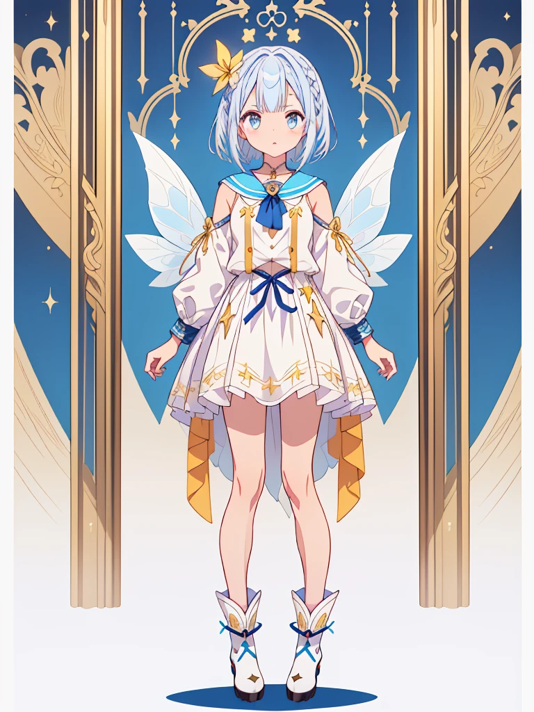 (((1girl)))、Star Fairy、vtuber-halfbody、(((highest quality、Masterpiece、The best composition、Golden Ratio、Official Art、Super detailed、Super detailedな目)))、ultra detailed, from front, headshot、 blue and white hair color、Short bangs above eyebrows、Short Hair、Standing in front of the viewer、Duffle coat、Sheepskin Long Boots、Pure white simple background、
