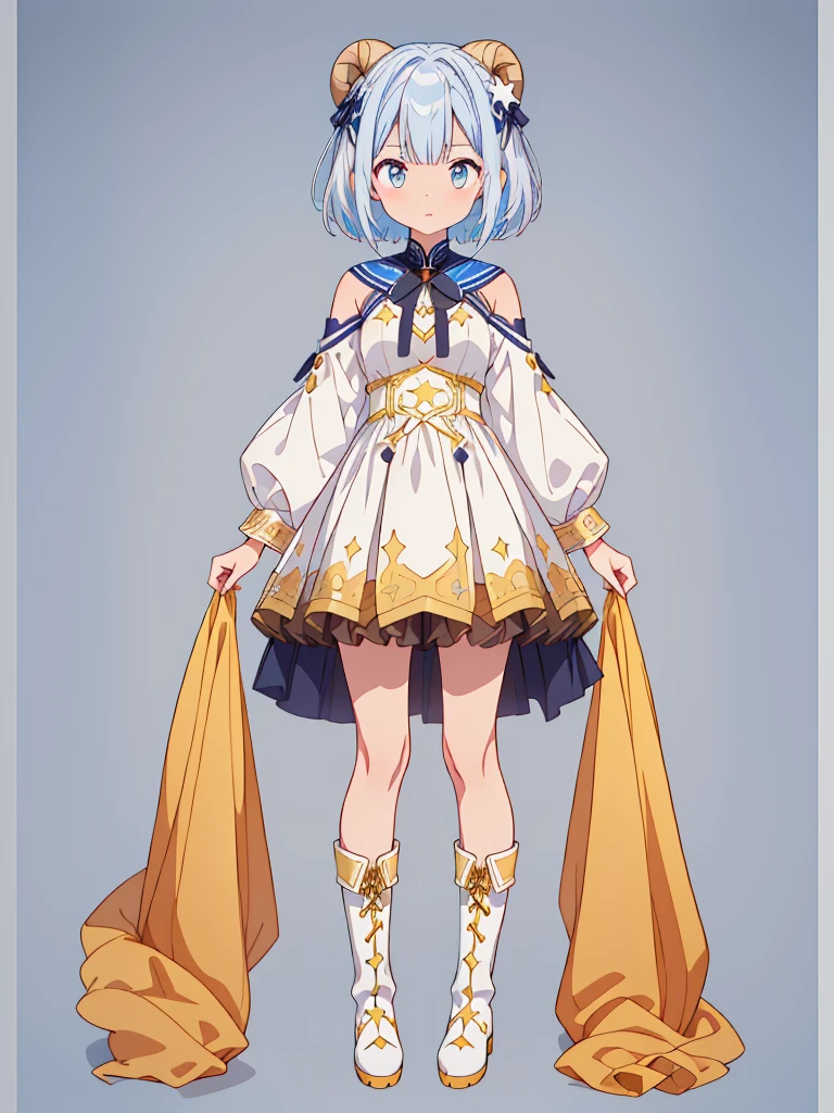 (((1girl)))、Star Fairy、vtuber-halfbody、(((highest quality、Masterpiece、The best composition、Golden Ratio、Official Art、Super detailed、Super detailedな目)))、ultra detailed, from front, headshot、 blue and white hair color、Short bangs above eyebrows、Short Hair、Standing in front of the viewer、Duffle coat、Sheepskin Long Boots、Pure white simple background、
