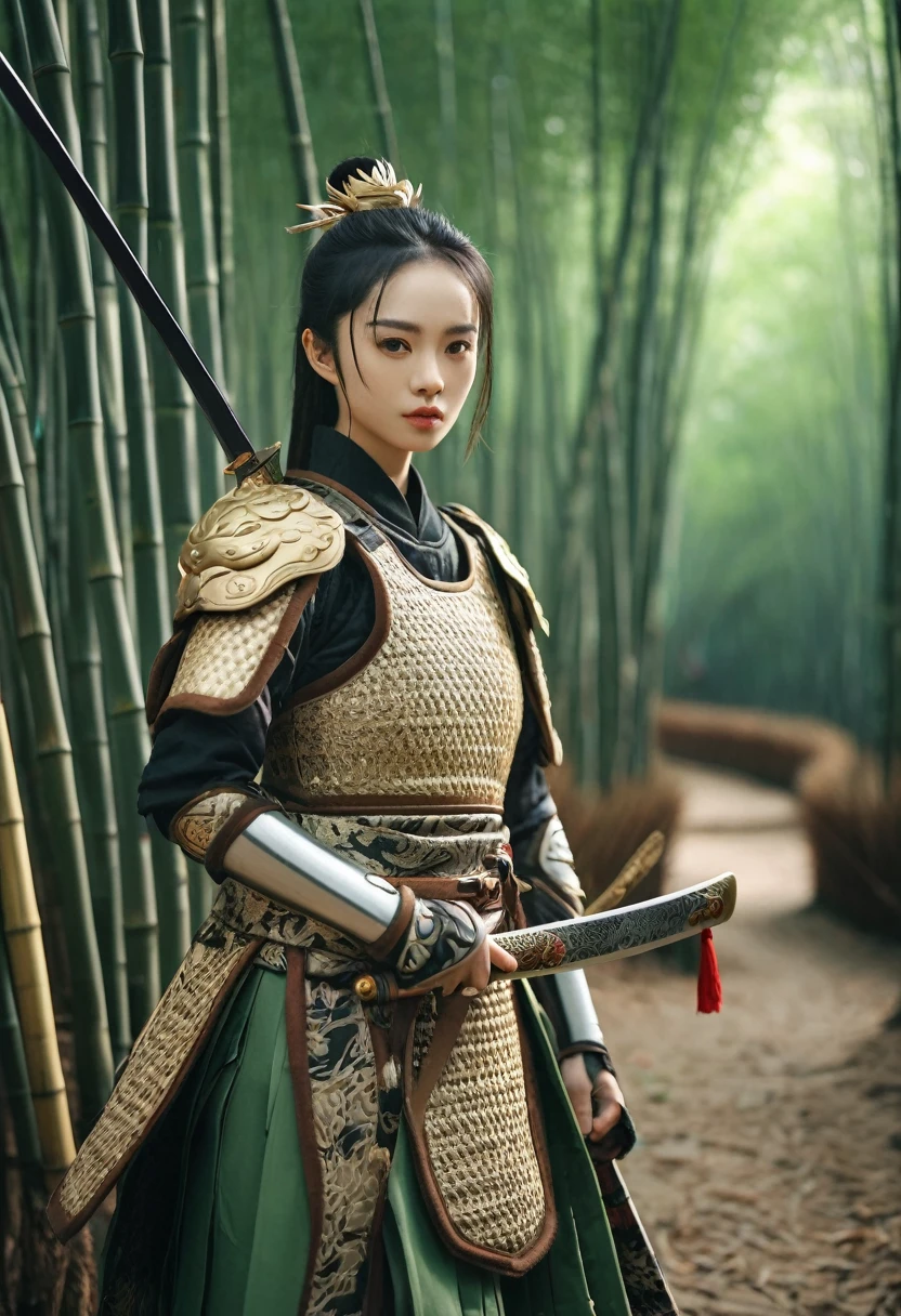 best quality, 8k, highly detailed face and skin texture, high resolution, cute chinese girl in chinese armor stand in bamboo forest, hold a sword, full body, sharp focus