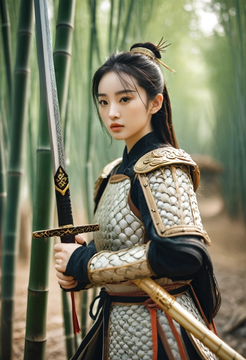 best quality, 8k, highly detailed face and skin texture, high resolution, cute chinese girl in chinese armor stand in bamboo forest, hold a sword, full body, sharp focus