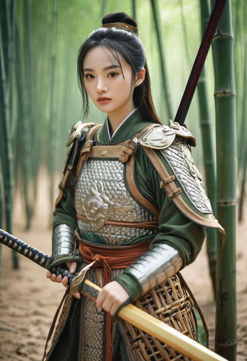 best quality, 8k, highly detailed face and skin texture, high resolution, cute chinese girl in chinese armor stand in bamboo forest, hold a sword, full body, sharp focus