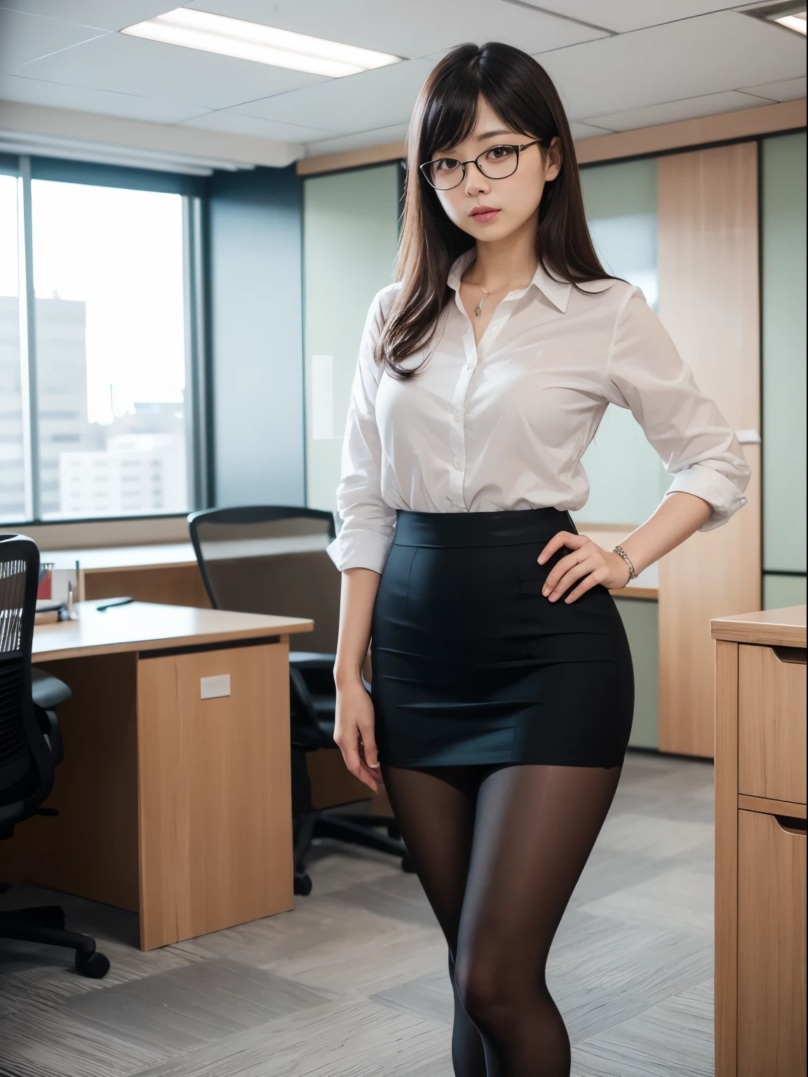 (alone、solo)、A 20-something office lady in an office uniform poses for a photo、(Black Pantyhose)、(Half Up)、victory、Tsundere、Single knot、OL、suit、Blue mall face、anger、、Glasses、Slim girl model photo、Body:The smallest middle-aged man in history、Female Model、Japanese female fashion model、(8K、RAW Photos、Highest quality、masterpiece:1.2)、(Real、Photorealistic:1.37)、Ultra high definition、Ultra high definition、Office Street、Standing position、whole body、((((SEXY)))
