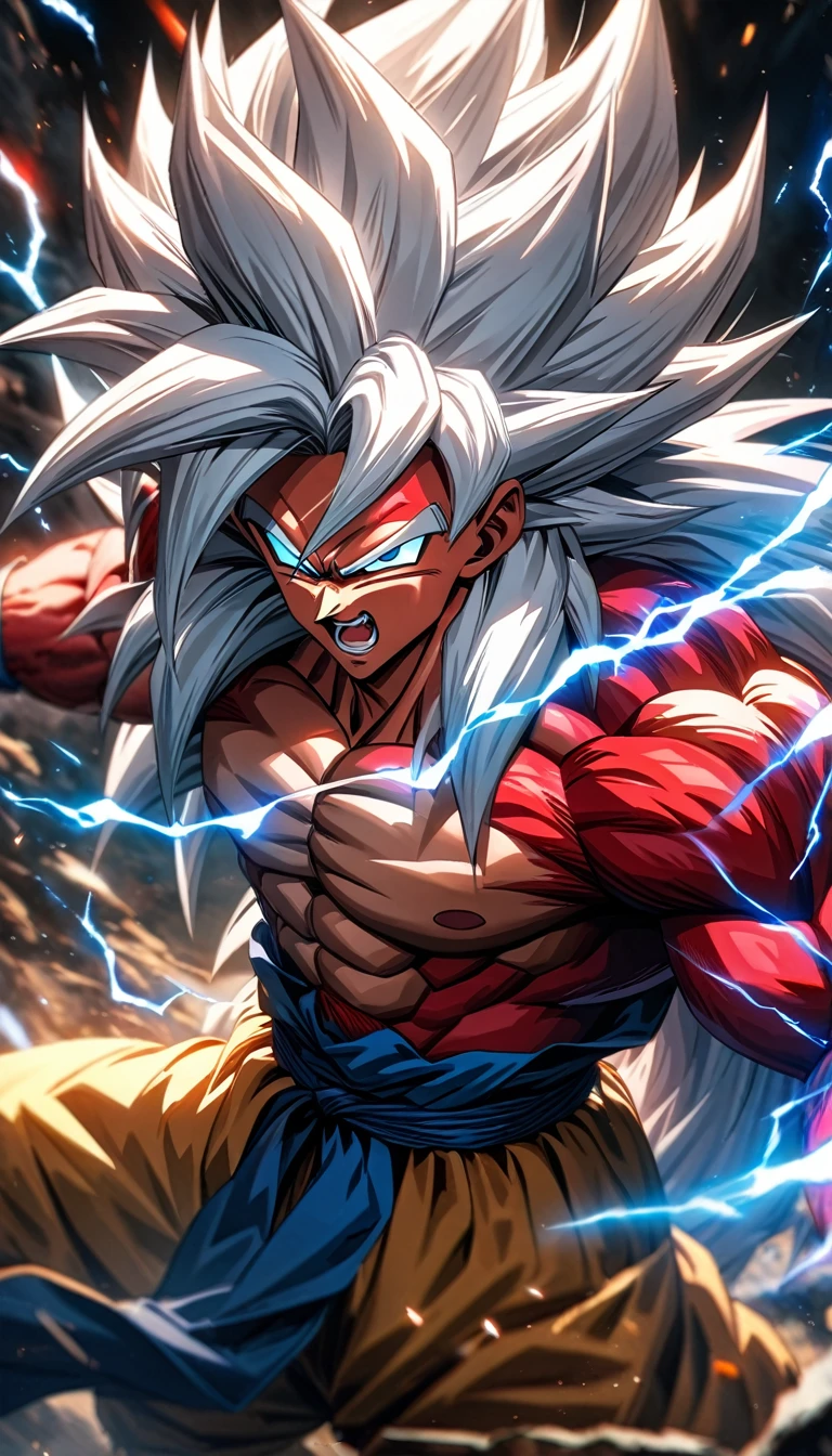 absurdres, highres, ultra detailed, HDR, masterpiece, extremely detailed face and eyes,Super Saiyan 5 Goku, Long White Hair, Dragon Ball solo, man, handsome, ,red skin fur, , Epic fight scene, red and blue lightning effect, glowing glitters, full effect, full color