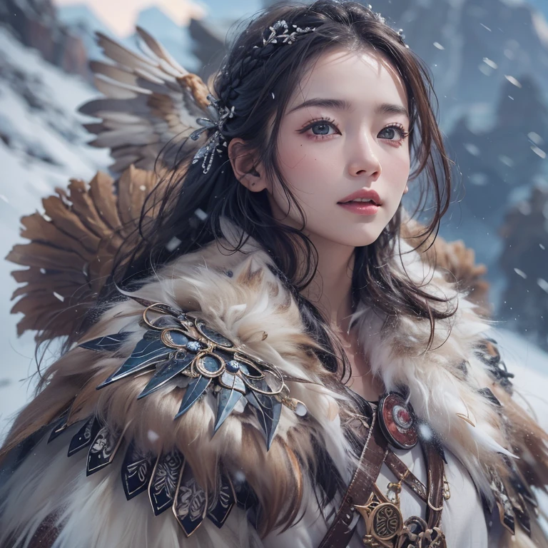 Hiding in the snowy mountains、Hair flow、 ((highest quality、masterpiece、8k、Best image quality、Ultra-high resolution、Award-winning works)、(Accurate anatomy:1.1)、(Look at me and smile:1.1)、Shining fair skin with Ultra-high resolution、The most detailed face、Ultra-high resolution detailed face、Ultra-high resolutionの髪の毛、(Ultra-high resolutionの煌めく瞳:1.1)、Beautiful face drawn in every detail、(Blurred Background:1.1)、Ancient Inuit clothing, Chest to chest, tattoo, Old ruins in the background、Apart from the real giant eagle