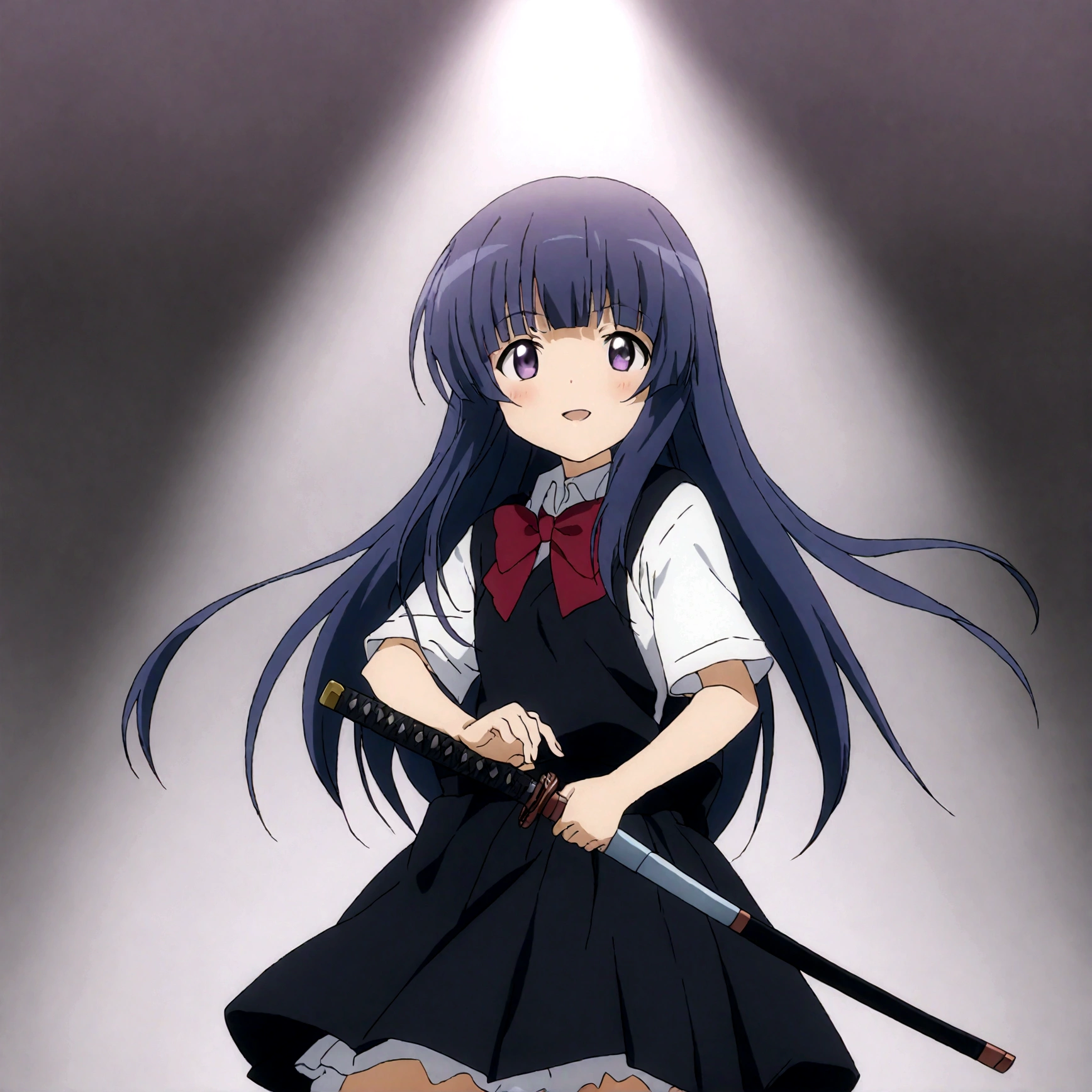 score_9,score_8, score_8_up, BREAK ,1girl, solo, furude rika, (tween), kawaii, blue hair, purple eyes, long hair, blunt bangs, bangs,, bow, skirt, shirt, suspenders, smile, short sleeves, pleated skirt, white shirt, open mouth, :d, red bow, ,^_^, suspender skirt, , black skirt, collared shirt, blush, bowtie, blunt bangs, dress shirt,masterpiece, best quality, source_anime,ceiling, ceiling light, great lighting, detailed shadows, detailed body, anime artwork,anime style, key visual, vibrant, studio anime, highly detailed, anime coloring,,upperbody, in distance, wide shot, from side,straight-on,iaidow,weapon, katana, holding sword, ready to draw, sheathed, unsheathing, scabbard,, ,simple background, white background.Subsurface scattering,(darkness aura)