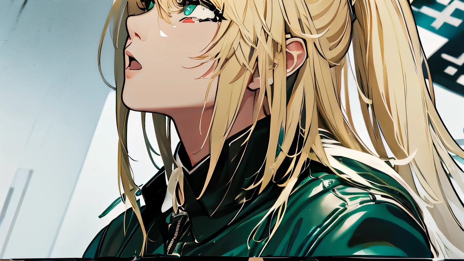 profile、Black Tears、Korean、1 girl、blonde、amount、Green Leather Shirt、Raise your collar、Look up、