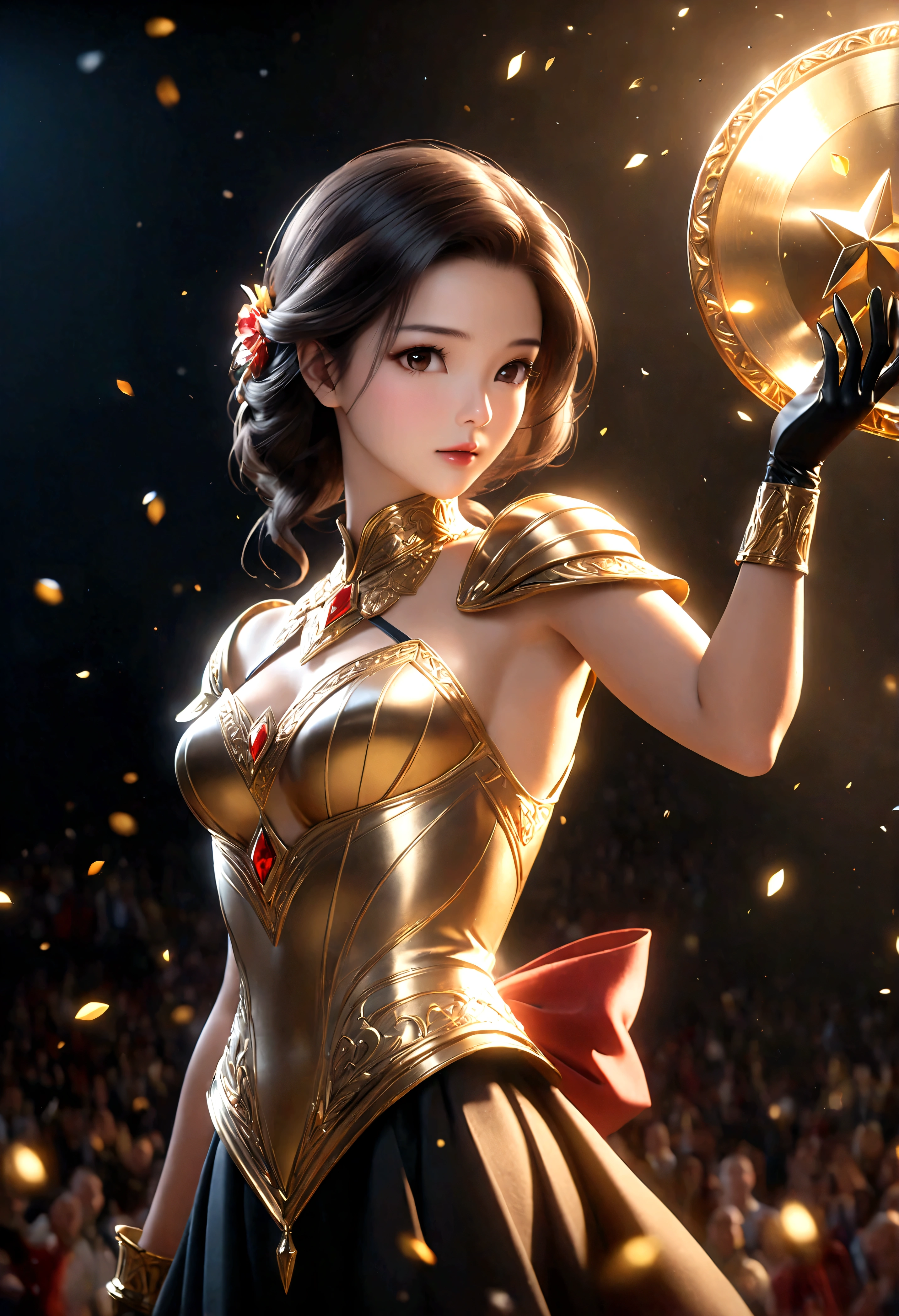 ((Masterpiece in maximum 16K resolution):1.6),((soft_color_photograpy:)1.5), ((Ultra-Detailed):1.4),((Movie-like still images and dynamic angles):1.3). | (cinematic photo of beautiful female with large gold trophy), (large gold trophy), (beautiful female with fancy hand gloves), (focus on the gold trophy), (cinematic lens), (exotic trophy), (luminous object), (majestic atmosphere), (shimmer), (aesthetic background), (visual experience),(Realism), (Realistic),award-winning graphics, dark shot, film grain, extremely detailed, Digital Art, rtx, Unreal Engine, scene concept anti glare effect, All captured with sharp focus. | Rendered in ultra-high definition with UHD and retina quality, this masterpiece ensures anatomical correctness and textured skin with super detail. With a focus on high quality and accuracy, this award-winning portrayal captures every nuance in stunning 16k resolution, immersing viewers in its lifelike depiction. | ((perfect_composition, perfect_design, perfect_layout, perfect_detail, ultra_detailed)), ((enhance_all, fix_everything)), More Detail, Enhance.
