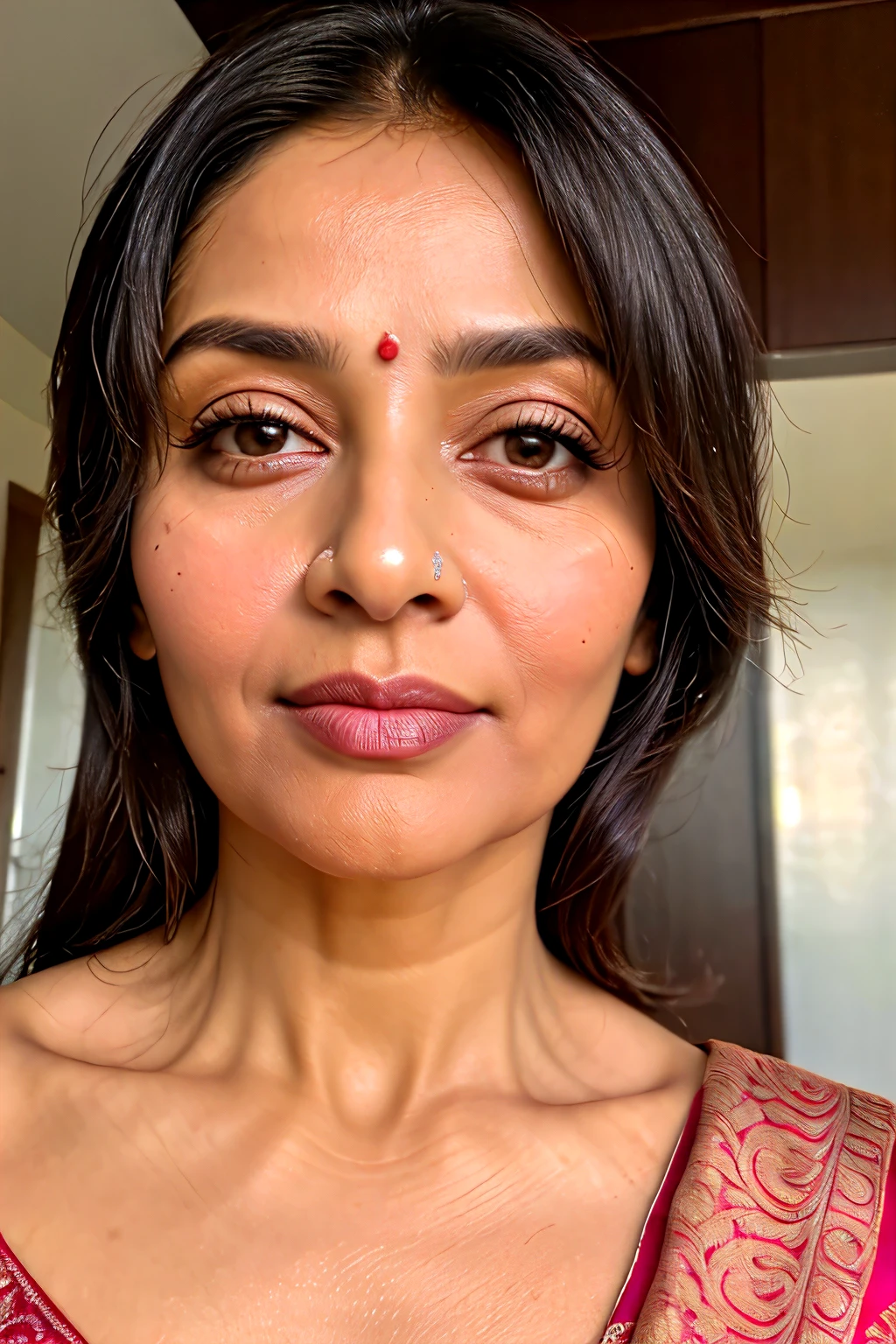 ((best quality)), ((masterpiece))
A beautiful nature 40 year old Indian mature woman close up face with all the details for her age , wearing saree