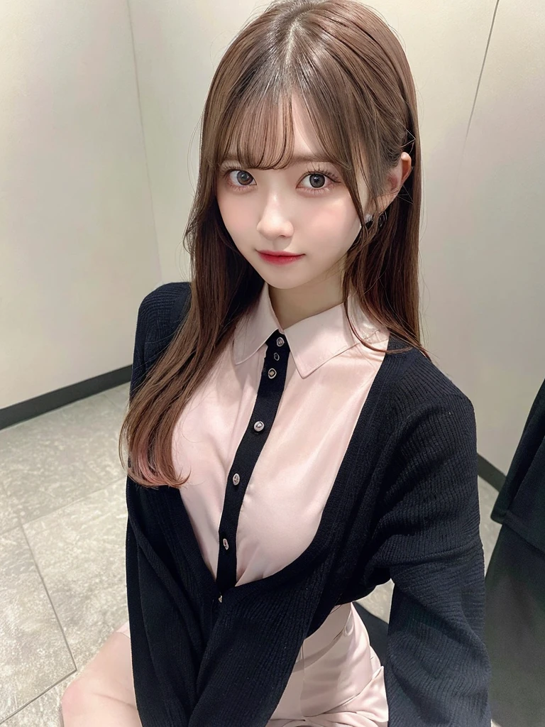 (RAW photo, best quality), (realistic, photo-realistic:1.3), masterpiece, an extremely delicate and beautiful, extremely detailed, CG, unity , 2k wallpaper, Amazing, finely detail, light smile, extremely detailed CG unity 8k wallpaper, huge filesize, ultra-detailed, highres, absurdres, soft light, (((medium hair:1.3), short bang, pink hair, floating hair novafrogstyle)), beautiful detailed girl, detailed fingers, extremely detailed eyes and face, beautiful detailed nose, beautiful detailed eyes, long eyelashes, light on face, looking at viewer, (closed mouth:1.2), 1girl, cute, young, mature face, (full body:1.3), ((small breasts)), realistic face, realistic body, beautiful detailed thigh, (ulzzang-6500-v1.1:0.8), business suit, cross-laced clothes, collared shirt, open clothes, in office, detailed office, open cardigan, black thighhighs, miniskirt, black underwear, unbuttoned shirt,