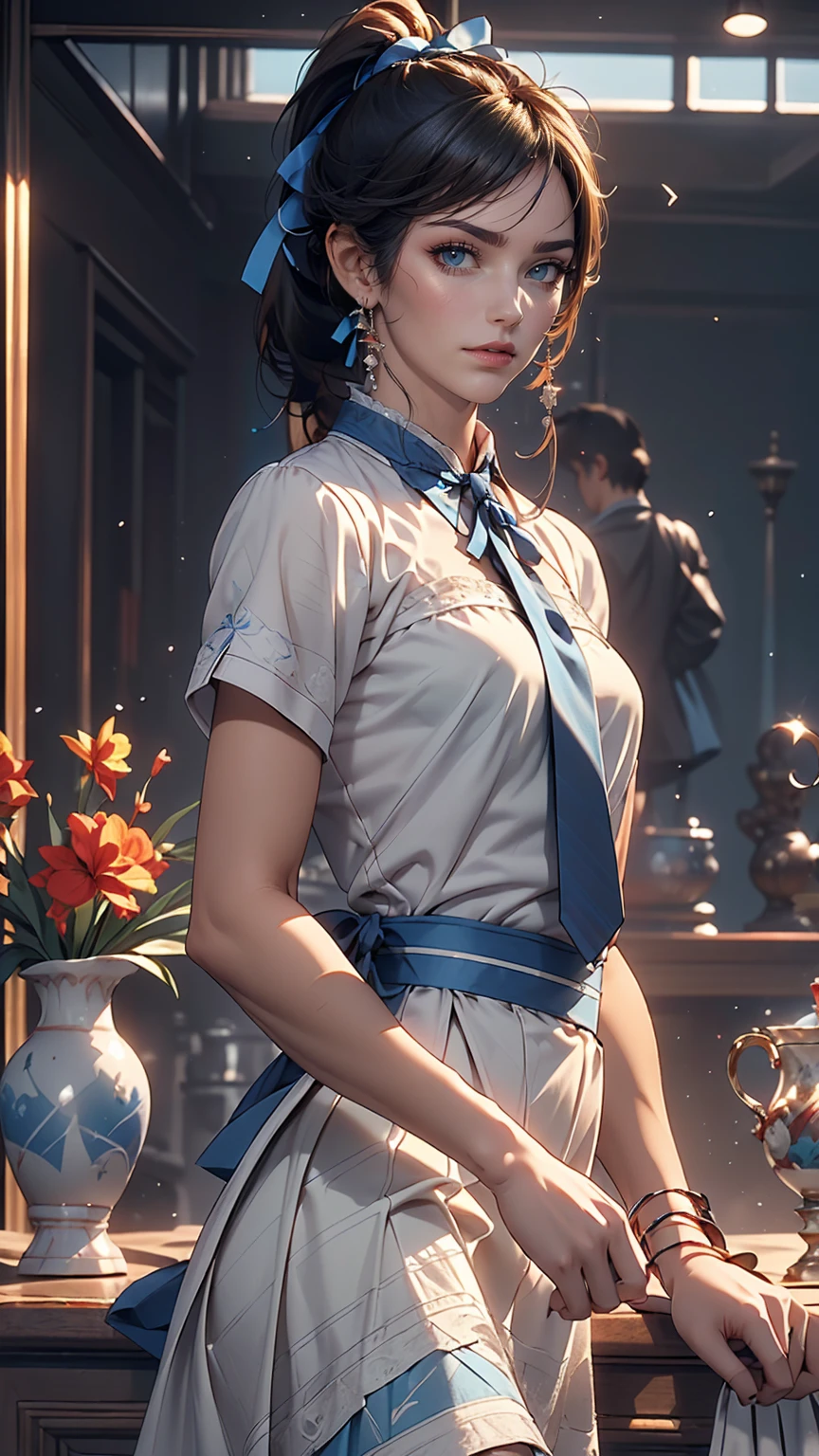 masterpiece, highest quality, High resolution, Very detailed, Detailed Background,(Fraurem Crom, (Black Hair, Semi-long hair, Blue ribbon in ponytail),(White blouse, Blue short ribbon tie, blue long skirt), small, Neat, Iris,study, A kind smile), Scale out, Chic study, vase