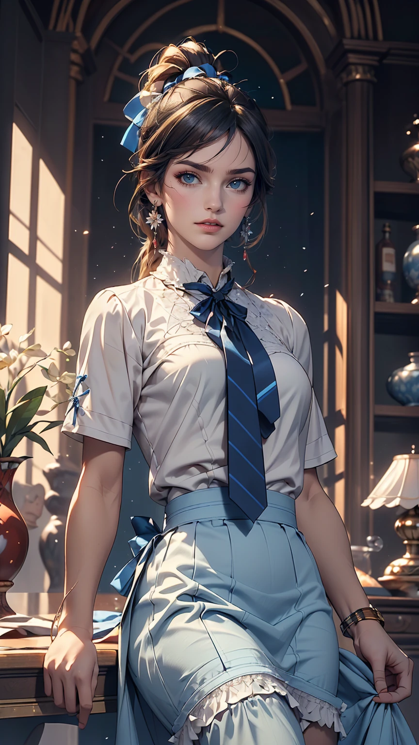 masterpiece, highest quality, High resolution, Very detailed, Detailed Background,(Fraurem Crom, (Black Hair, Semi-long hair, Blue ribbon in ponytail),(White blouse, Blue short ribbon tie, blue long skirt), small, Neat, Iris,study, A kind smile), Scale out, Chic study, vase