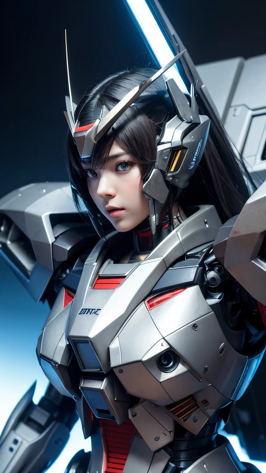 Textured skin, Super Detail, high details, High quality, Best Quality, hight resolution, 1080p, hard disk, Beautiful,(Gundam),beautiful cyborg woman,Mecha Cyborg Girl,Battle Mode,Girl with a Mecha Body,She wears a futuristic Gundam mecha,Fulll body Shot