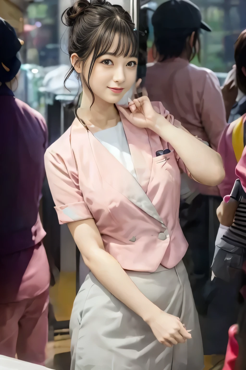 (masterpiece:1.2, highest quality:1.2), 32K HDR, High resolution, (alone、1 girl)、(On the rooftop of a building in the daytime、Professional Lighting)、Building rooftop background、(Nankai train crew uniform pinkを着たリアルスタイル)、(Nankai train crew uniform pink short sleeve pink jacket、Nankai Train Crew Uniform Pink Collarless Short Sleeve Blouse、Nankai Train crew uniform pinkのグレー色のキュロットスカート)、Dark brown hair、(Hair tied up、Hair Bun、Hair Bun)、Dark brown hair、Long Shot、Big Breasts、Thin legs、((Great hands:2.0)),((Harmonious body proportions:1.5)),((Normal limbs:2.0)),((Normal finger:2.0)),((Delicate eyes:2.0)),((Normal eyes:2.0)))、smile、(Nankai Train crew uniform pinkのグレー色のキュロットスカートを見せた美しい歩く姿)、Put your hands up