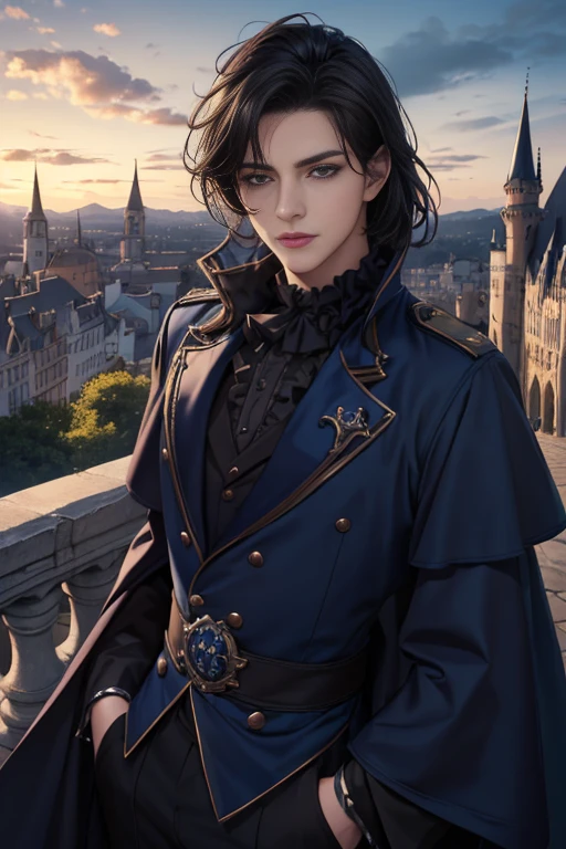 Jaemin, Positive, Twink, Lips parted, (Dark navy hair:1.2), Dark navy Prince Regal outfit, (Ultra-realistic:1.2), (close:1.2), (Gothic European castle background:1.2), (complicated:1.2), (View Viewer:1.2), Women&#39;s Center, 1 female, 、Camel Toe、Giant tit、Nipple Puffs、Cleavage、Plump、Super big breasts、Super big butt、Bubble butt