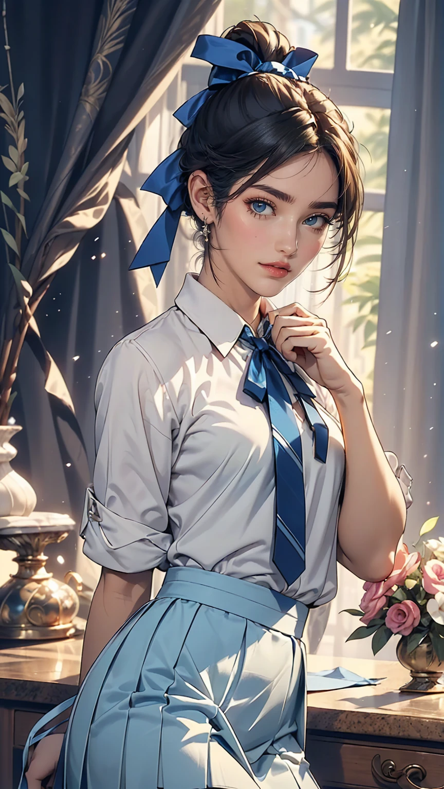 masterpiece, highest quality, High resolution, Very detailed, Detailed Background,(Fraurem Crom, (Black Hair, Semi-long hair, Blue ribbon in ponytail),(White blouse, Blue short ribbon tie, blue long skirt), small, Neat, Iris,study, A kind smile), Scale out, Chic study, vase