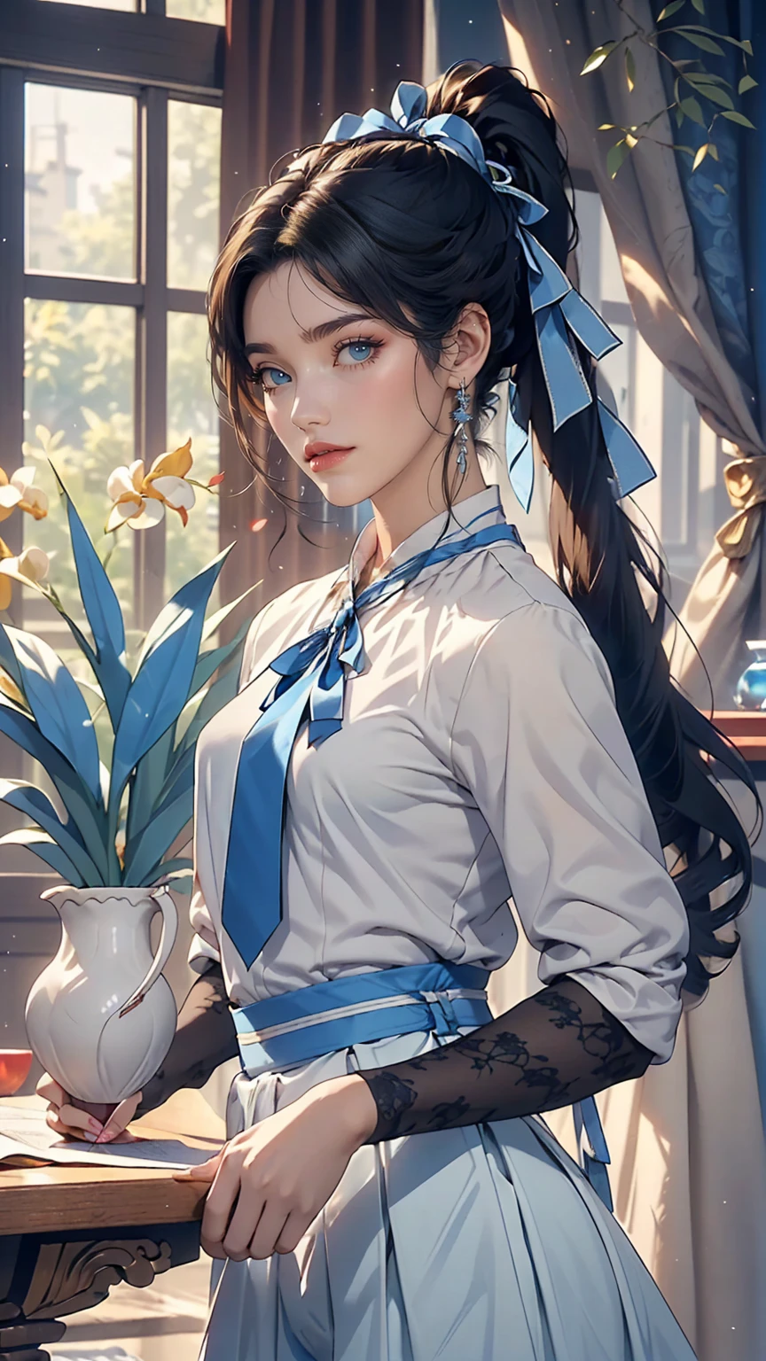 masterpiece, highest quality, High resolution, Very detailed, Detailed Background,(Fraurem Crom, (Black Hair, Semi-long hair, Blue ribbon in ponytail),(White blouse, Blue short ribbon tie, blue long skirt), small, Neat, Iris,study, A kind smile), Scale out, Chic study, vase