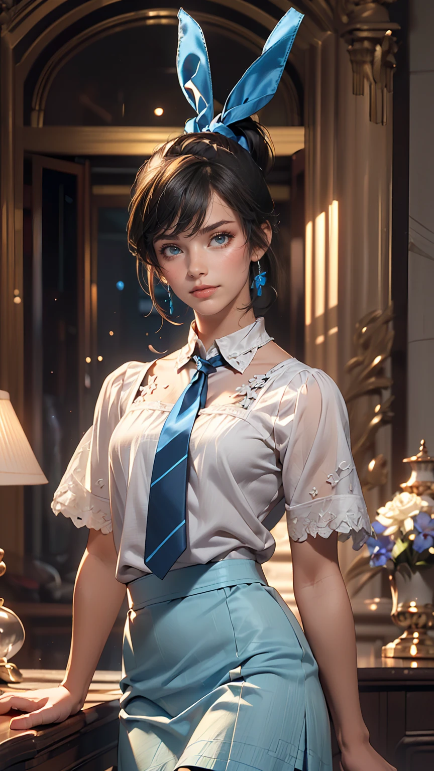 (masterpiece, best quality,) ((ultra high-res)), 8k, full body shot, 85mm, f/2.8, RAW photo, 1 girl, , ((white bra:1.0)), ((opened blue long sleeve cardigan)), blue pleated mid-waist plaid skirt, intricate details, ultra-sharp focus, texture skin, detail skin, detail clothes,