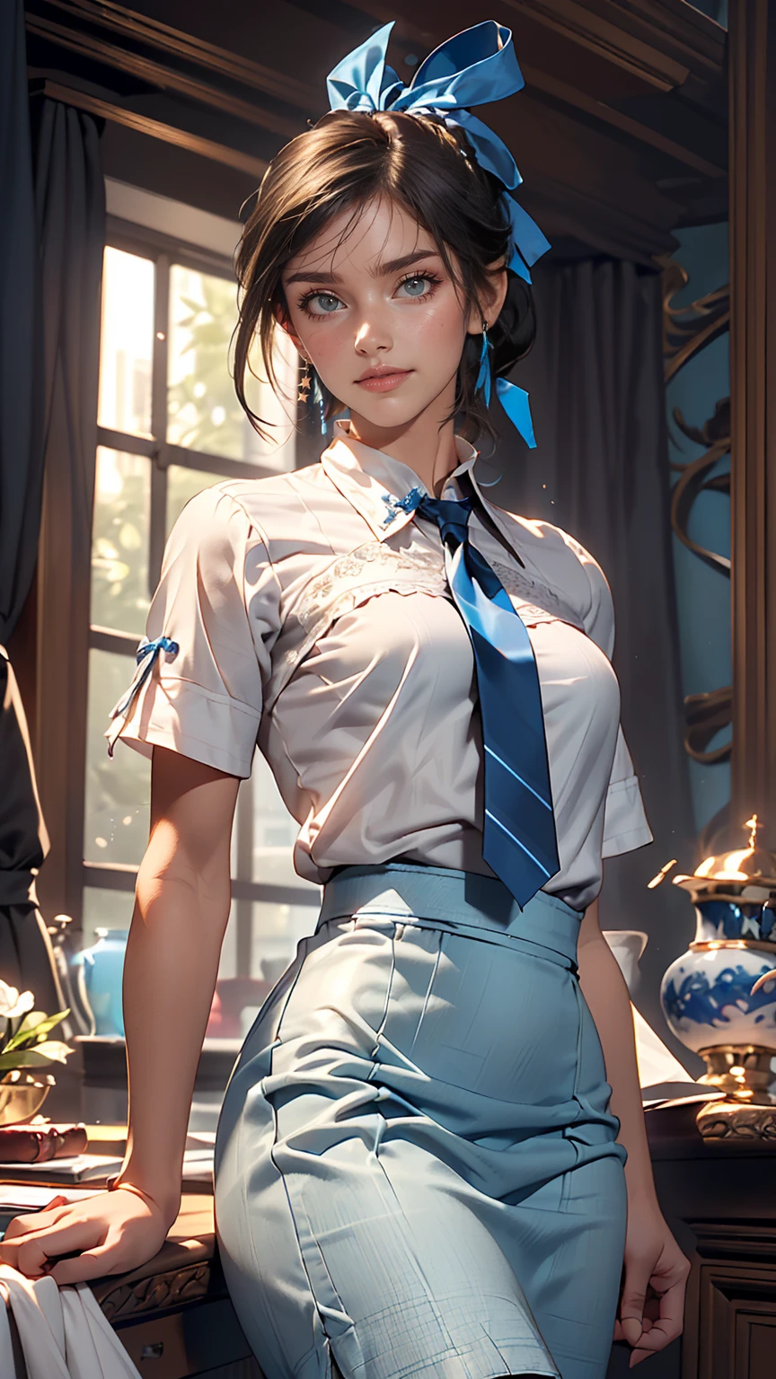 masterpiece, highest quality, High resolution, Very detailed, Detailed Background,(Fraurem Crom, (Black Hair, Semi-long hair, Blue ribbon in ponytail),(White blouse, Blue short ribbon tie, blue long skirt), small, Neat, Iris,study, A kind smile), Scale out, Chic study, vase