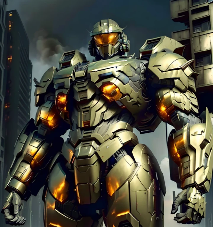 (masterpiece. official art. 8k. best quality. detailed full body. full body.)

(situation 1 : dominating Master chief. Master chief is over 1000 meters long. focus GIANT mechanical Muscular Master chief is trampling the city. Looking down. macro. stomp. Low-angle perspective. emphasizing the immense size.)

(situation 2 :smoke and flames rising from the destruction in the city)

(Additional details 1: wearing a full-face helmet. high-tech bio-mecha armor. real texture material. whole body shines like metal. Wearing cyberpunk mecha. emphasizes the muscles. suit fully made of metal. intricate armor. Robotic suit. suit fully made of metal. cyborg. Powered exoskeleton with the same design as Master chief).

(Additional details 2: (Detailed head. Detailed Body. Detailed abs. gigantic muscles. HYPER MUSCLES. Gigachad Muscular. big muscle. pecs. triceps. traps. unusually developed muscular body. body full of huge muscles. showing off muscles. pectorales enormes. Exaggeratedly huge muscles. huge muscles. long legs.).