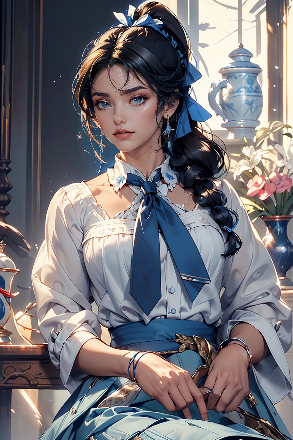 masterpiece, highest quality, High resolution, Very detailed, Detailed Background,(Fraurem Crom, (Black Hair, Semi-long hair, Blue ribbon in ponytail),(White blouse, Blue short ribbon tie, blue long skirt), small, Neat, Iris,study, A kind smile), Scale out, Chic study, vase