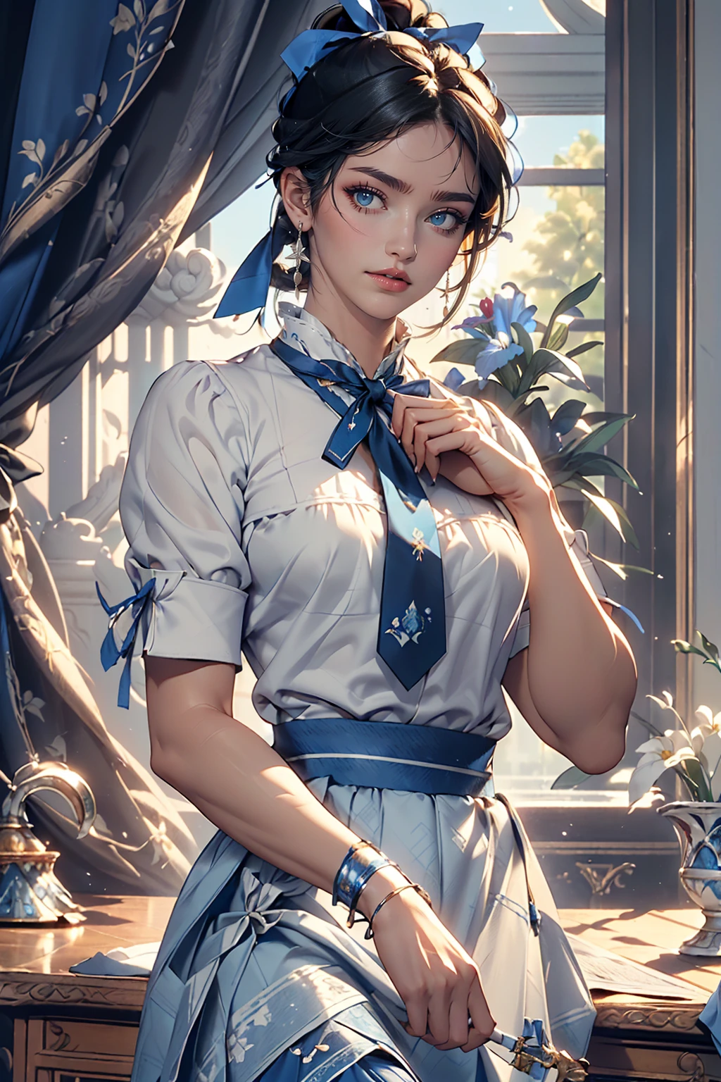 masterpiece, highest quality, High resolution, Very detailed, Detailed Background,(Fraurem Crom, (Black Hair, Semi-long hair, Blue ribbon in ponytail),(White blouse, Blue short ribbon tie, blue long skirt), small, Neat, Iris,study, A kind smile), Scale out, Chic study, vase